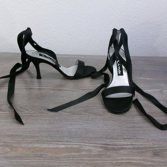 New NINA Black Satin Ribbon Ankle Tie Sandals 3" Heels Shoes 5.5 Leather Soles - Picture 1 of 13